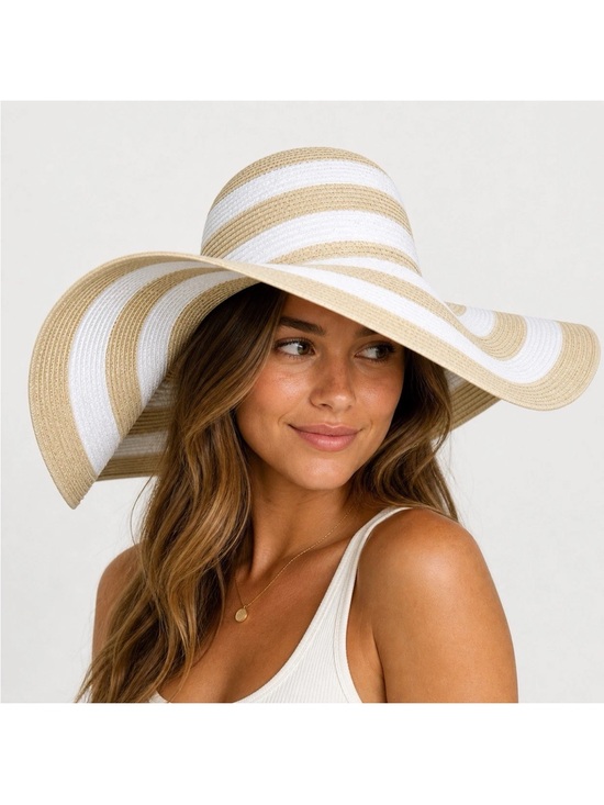 Shade & Shore Accessories - Shade & Shore Wide Brim Floppy Sun Hat Beige White Stripe Resort Beach NWOT